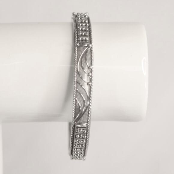 Silver Tone Bangle Bracelet Ornate Filagree Overlay - Picture 5 of 9